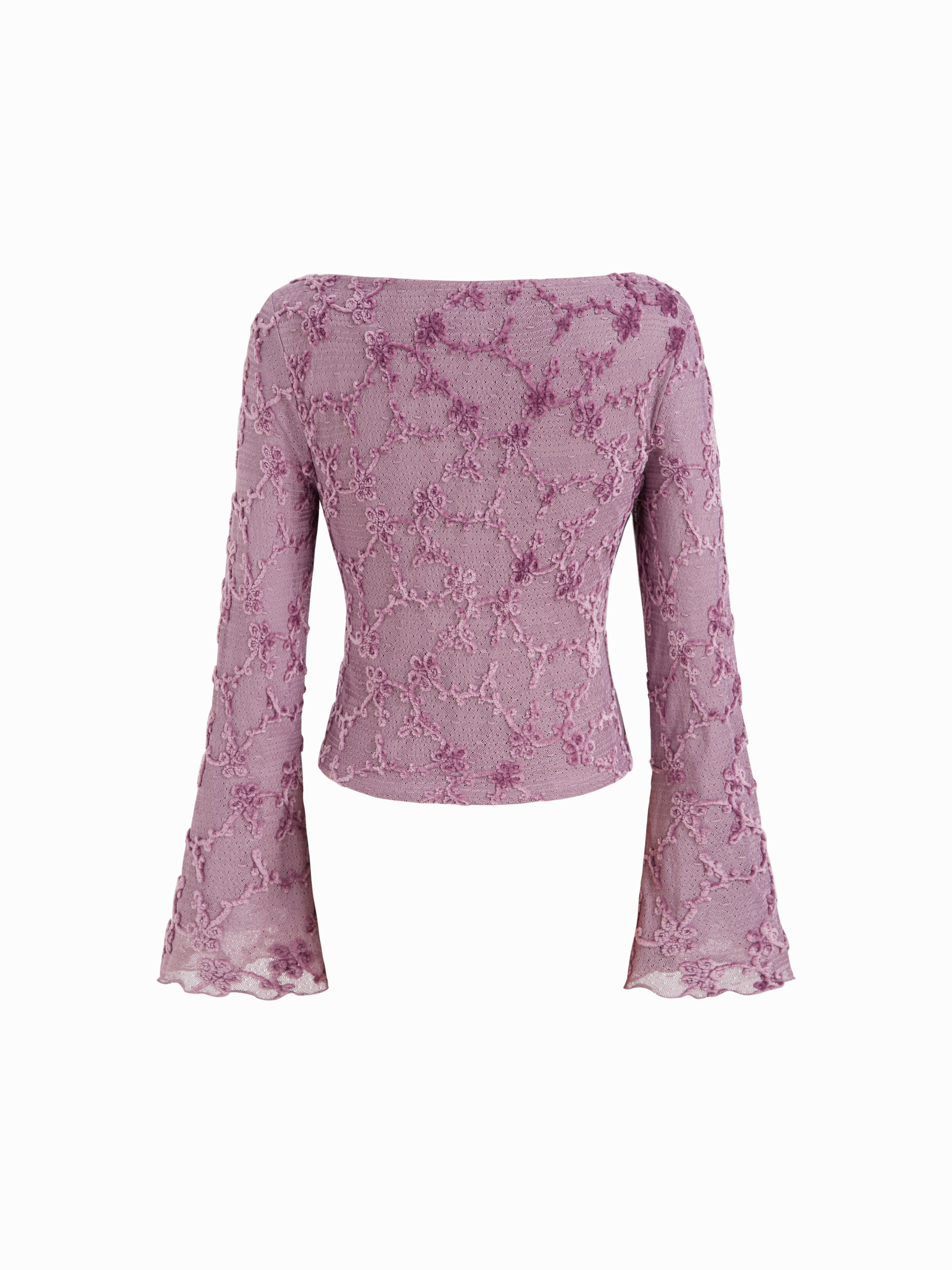 Boat Neck Applique Floral Lettuce Trim Bell Sleeve Blouse