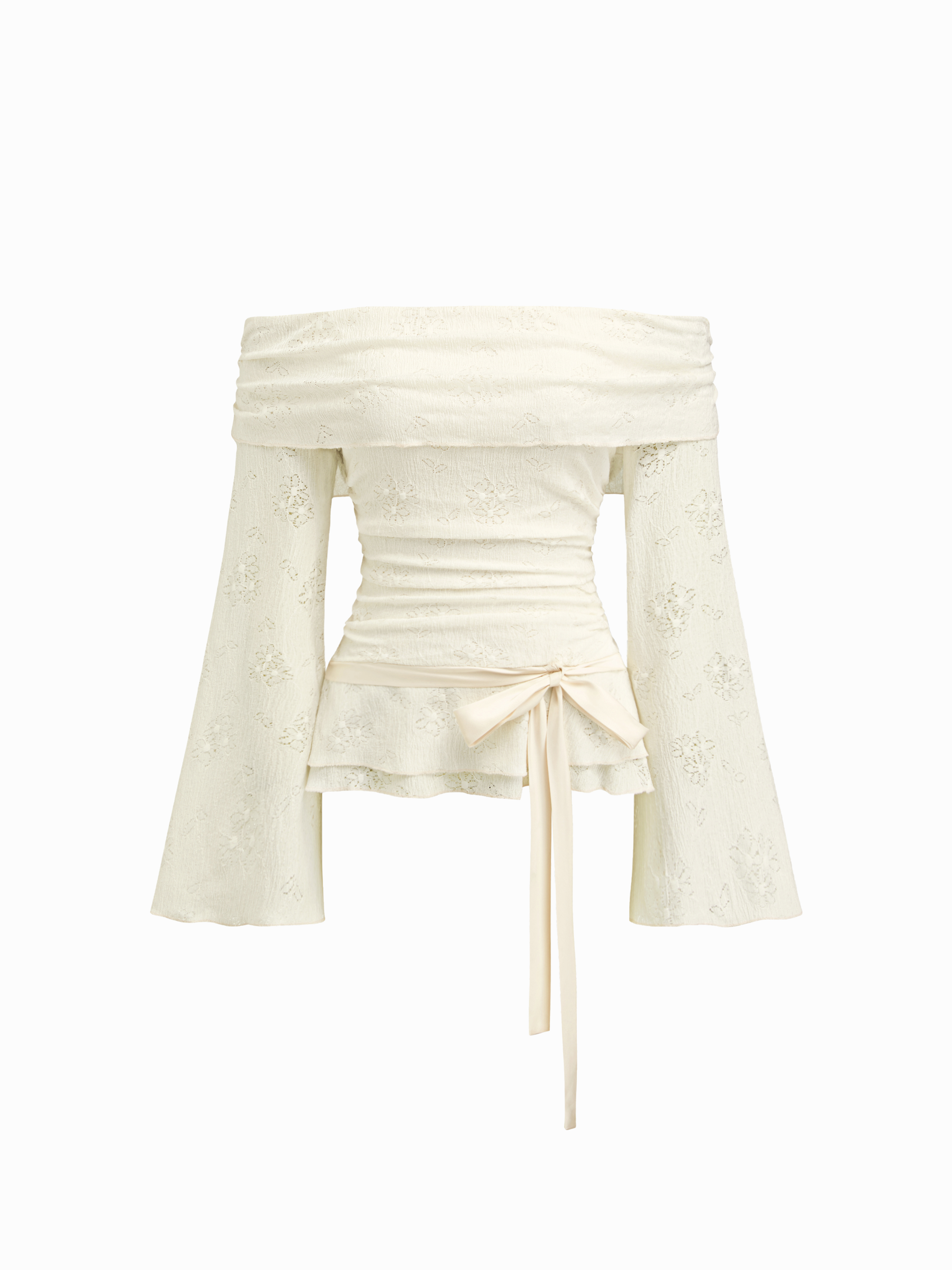 Dentelle Lace Off-shoulder Floral Knotted Ruched Long Sleeve Top For Décontracté quotidien Rencard