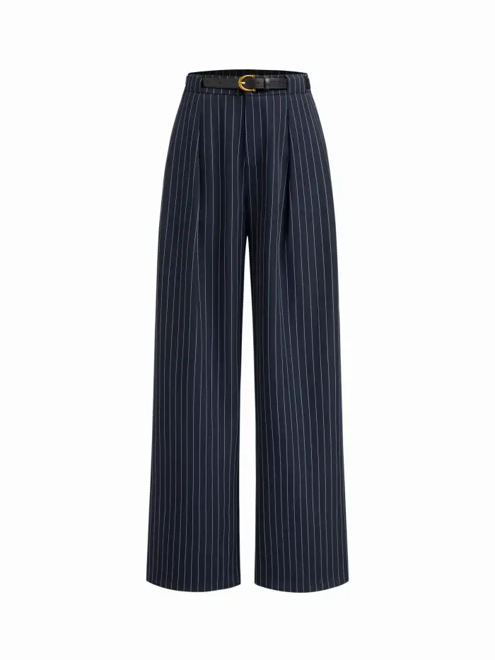 Mid Rise Stripe Pleated Wide Leg Trousers