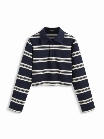 Baumwollmischung Streifenkragen Langärmliger Crop Top
