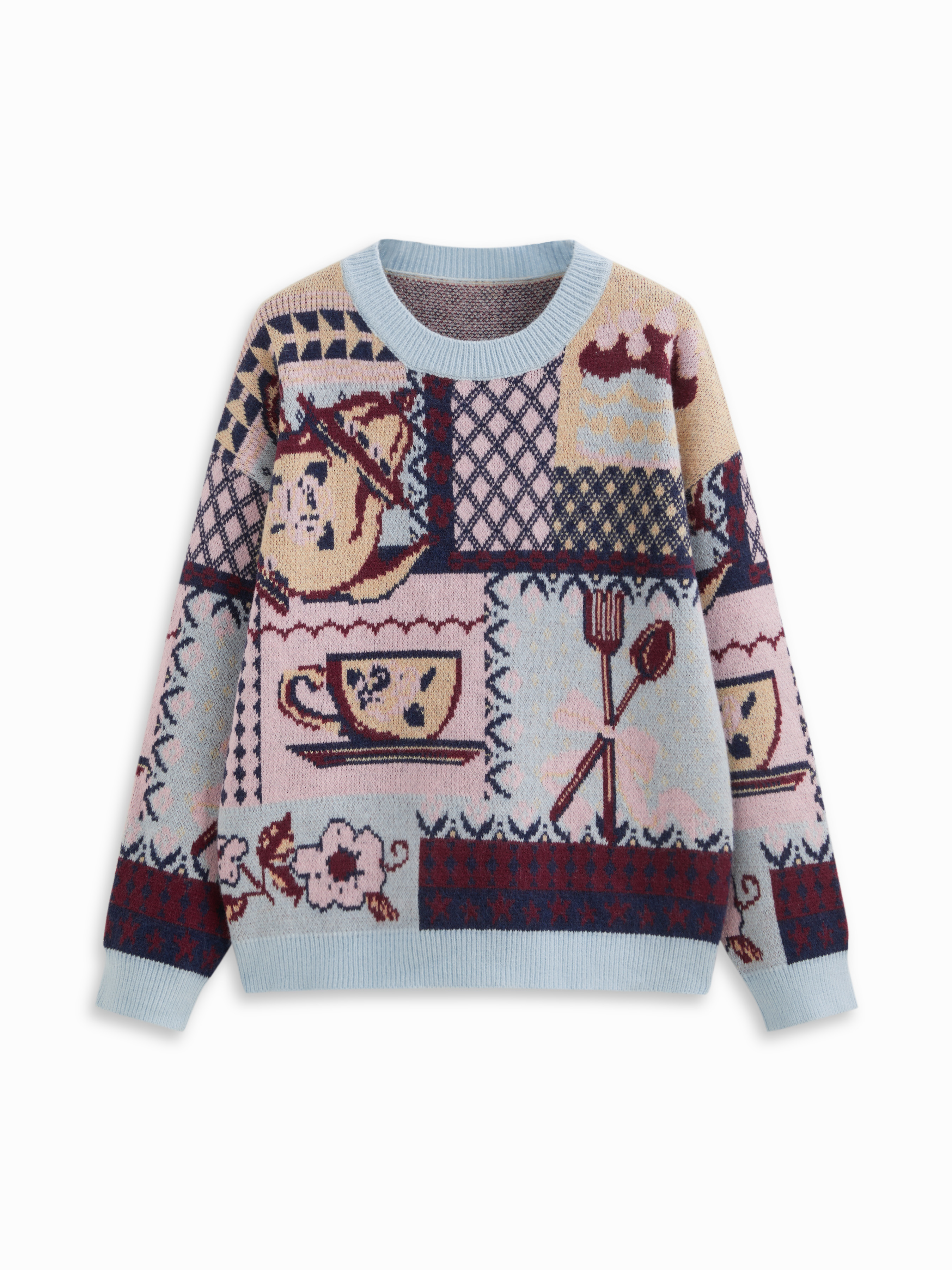 Knit Floral Spoon & Cup Pattern Colorblock Oversize Top