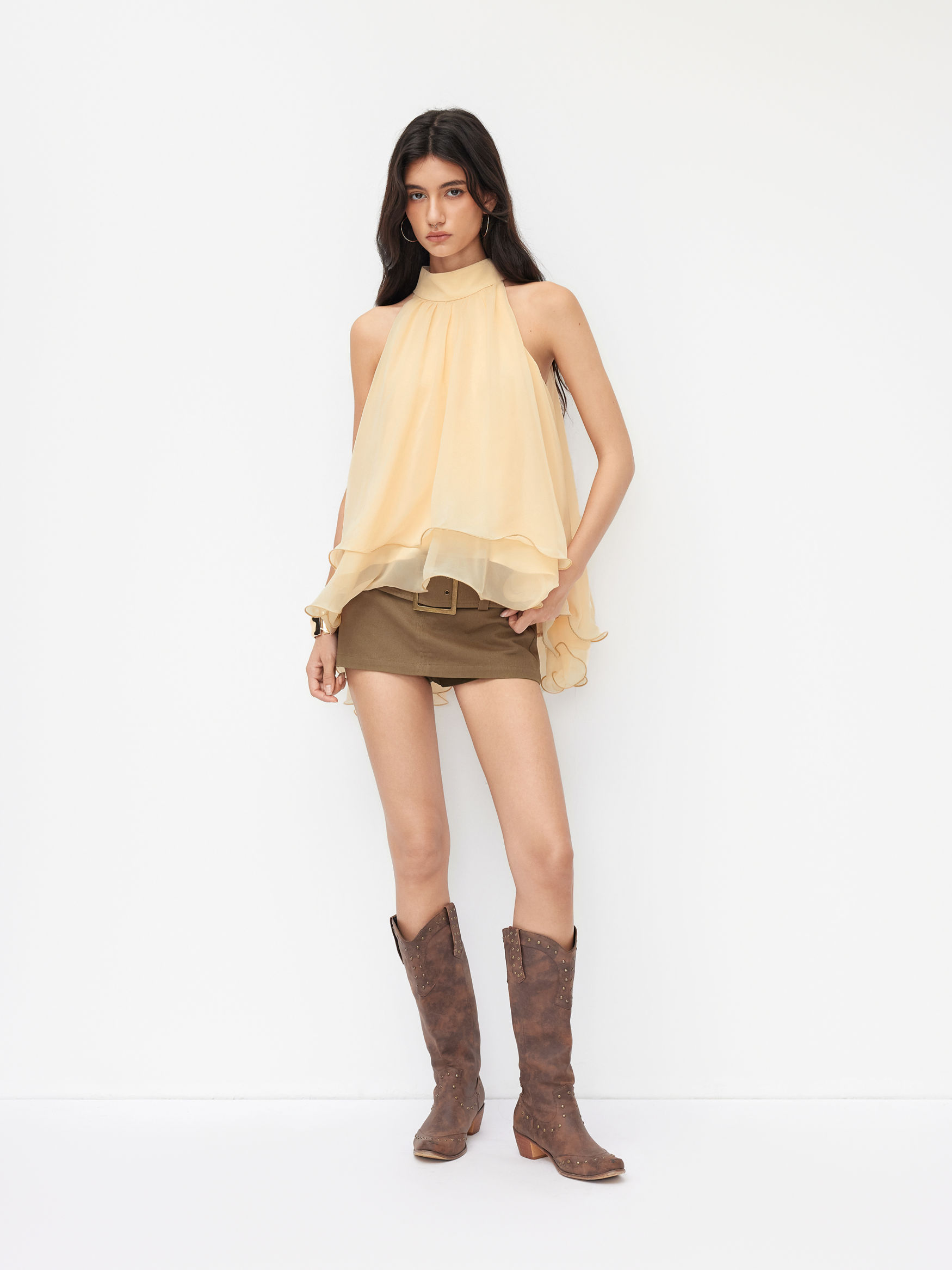 Halter Neckline Knotted Layered Ruffle Hem Blouse