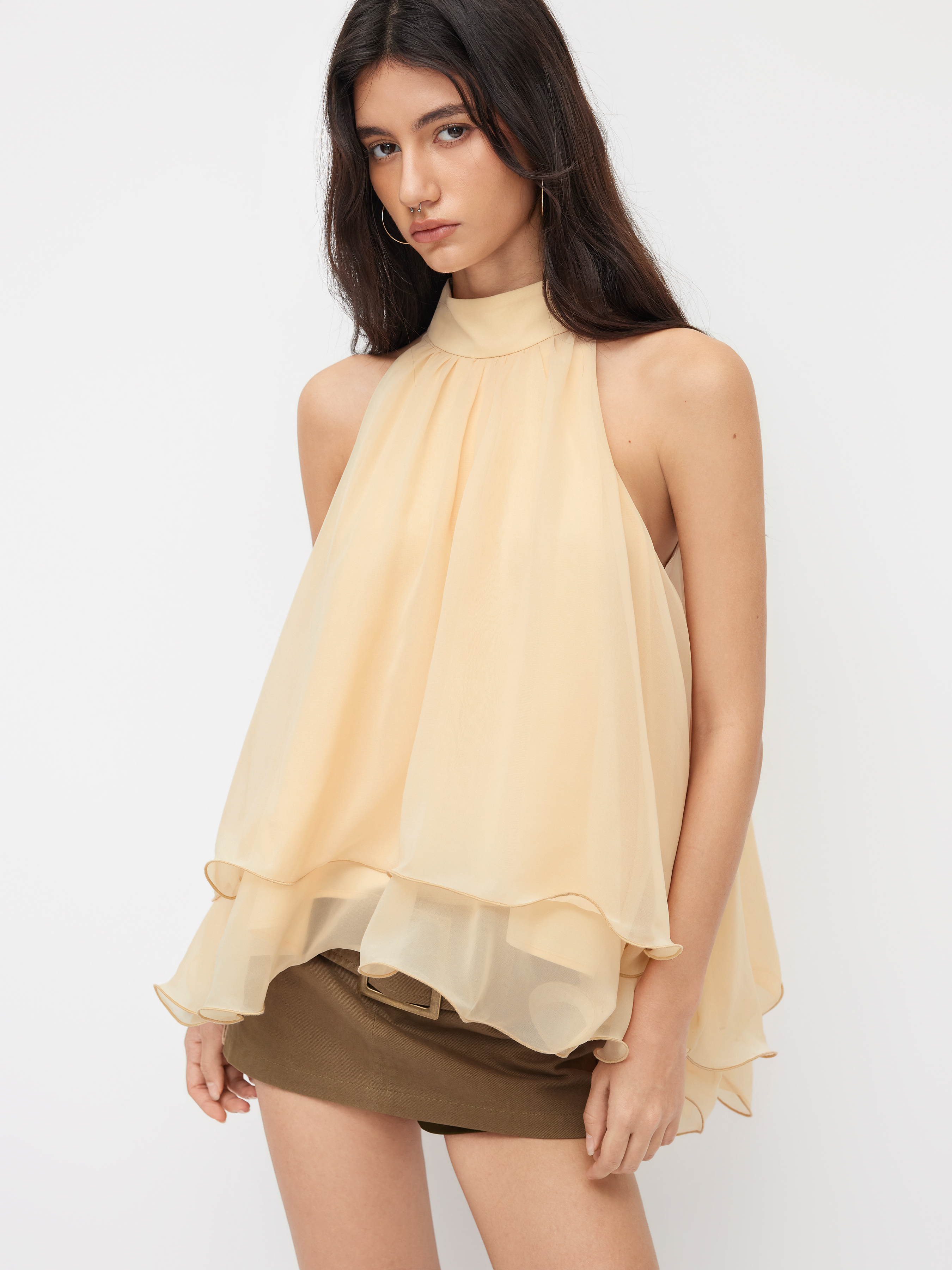 Halter Neckline Knotted Layered Ruffle Hem Blouse