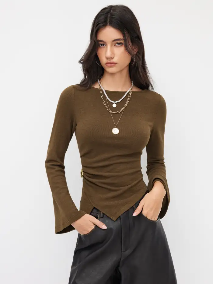 Knit Fabric Round Neckline Ruched Metal Detail Long Sleeve Tee For Daily Casual