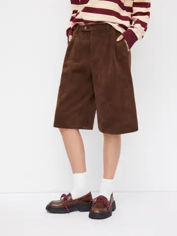 Suede Low Rise Pleated Bermuda Shorts