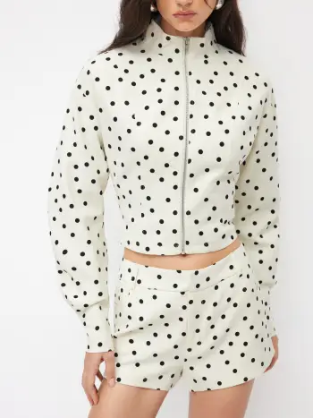 Giacca con zip e collo alto a pois in misto lino