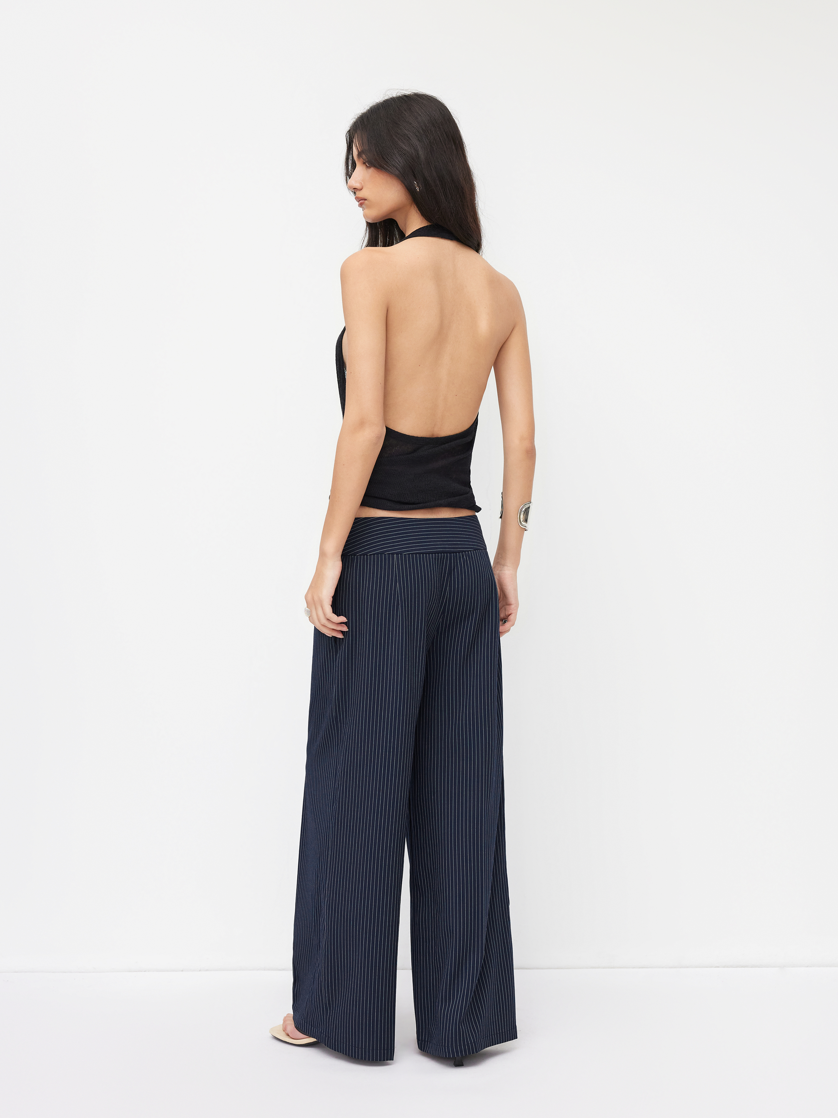 Woven Striped Low Rise Buckle Wide Leg Trousers For Daily Casual