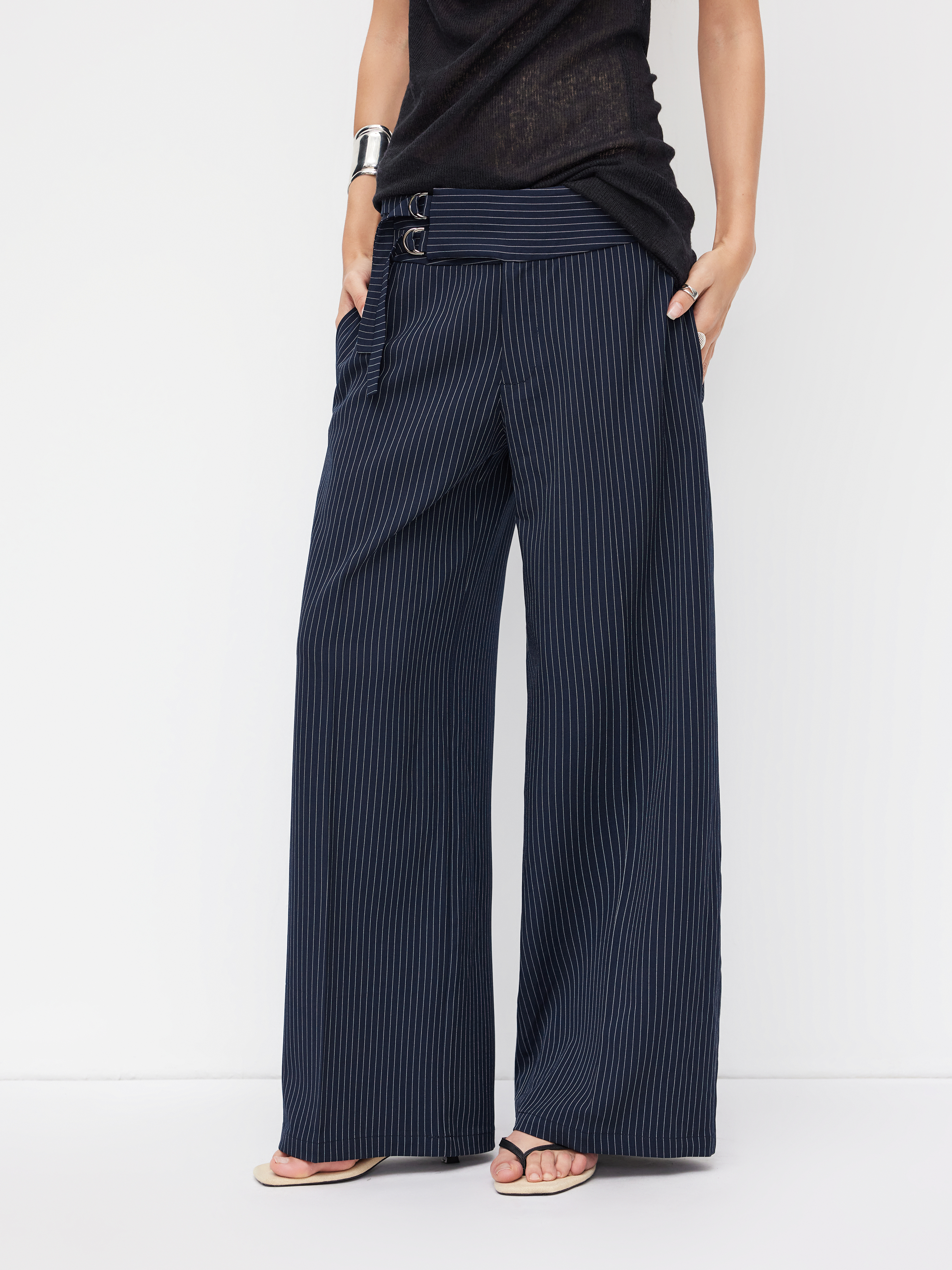 Tissé Striped Low Rise Buckle Wide Leg Trousers For Décontracté quotidien