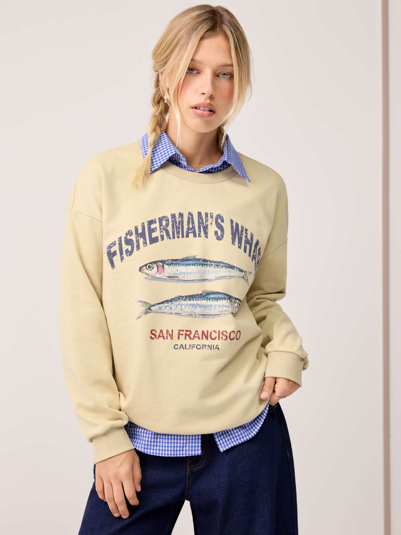 Cotton-blend Sardine Graphic Round Neckline Long Sleeve Sweatshirt