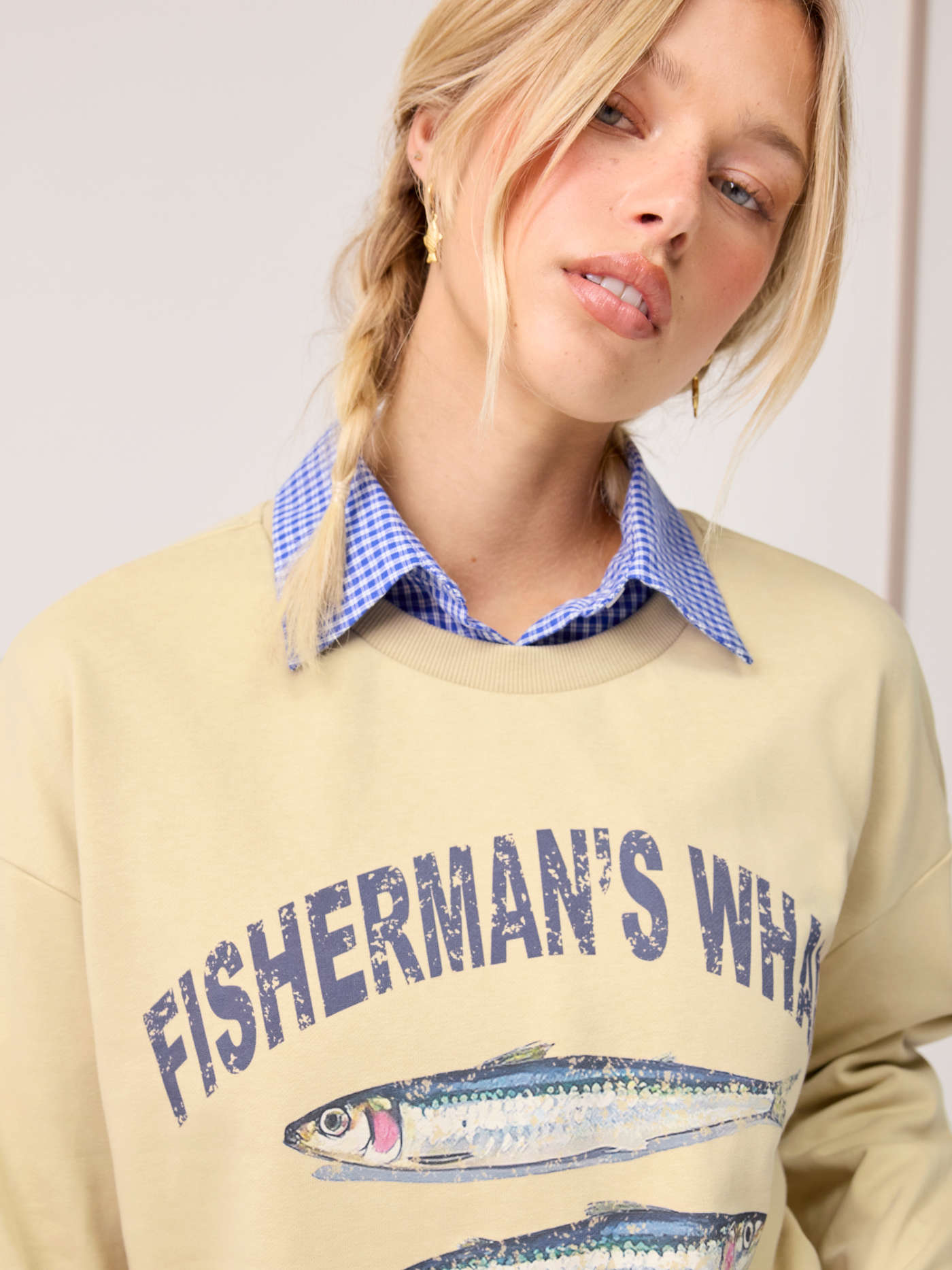 Cotton-blend Sardine Graphic Round Neckline Long Sleeve Sweatshirt