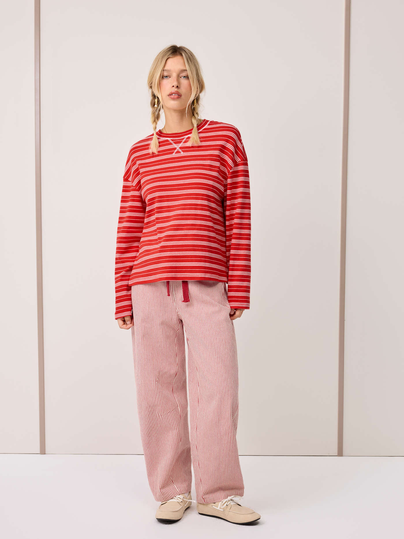 Cotton Striped Fish Embroidery Contrasting Binding Long Sleeve Tee