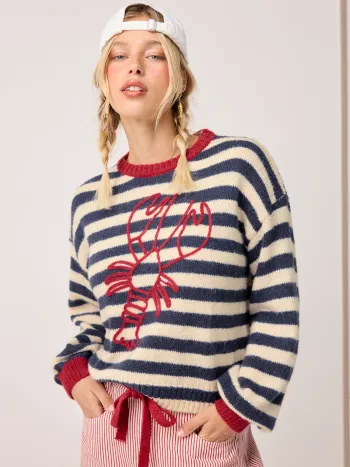 Maglia a righe lavorata a maglia con aragosta grafica a maniche lunghe con bordino a contrasto e top oversize