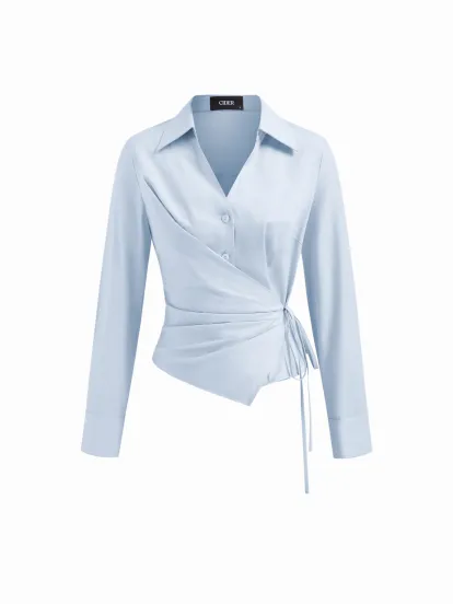 Cotton-blend Asymmetrical Neckline Ruched Cinched Waist Tee