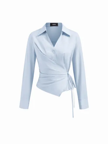 100% Cotton Collar V-neck Long Sleeve Wrap Tie Side Shirt