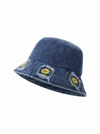 CAPPELLO DA PESCATORE IN DENIM CON FIORI