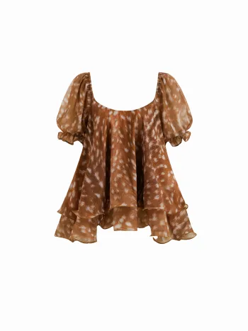 Camicetta in chiffon con scollo a U, stampa di cervi, lacci posteriori, volant e maniche a sbuffo