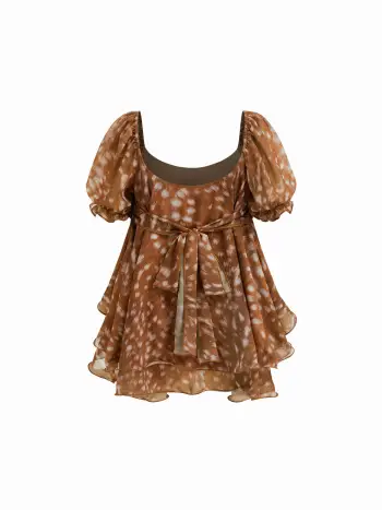 Camicetta in chiffon con scollo a U, stampa di cervi, lacci posteriori, volant e maniche a sbuffo