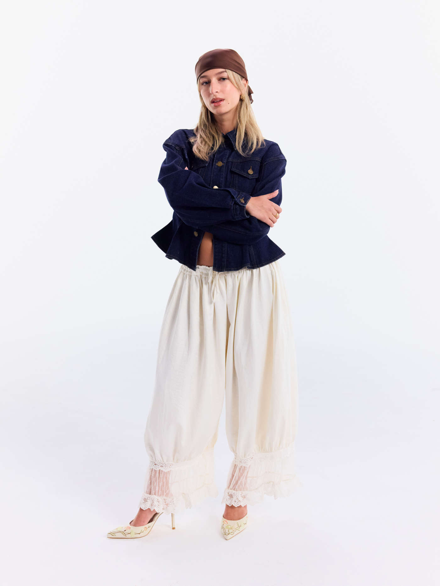 Denim Collar Button Cinched Waist Jacket