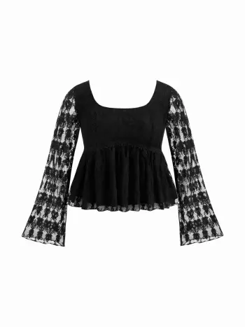 Blusa Curve & Plus in pizzo misto cotone con volant e maniche a campana