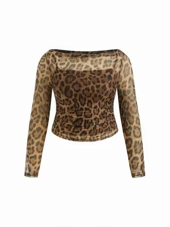 Top trasparente a maniche lunghe con scollo a barchetta e stampa leopardata in rete con top cami Curve & Plus