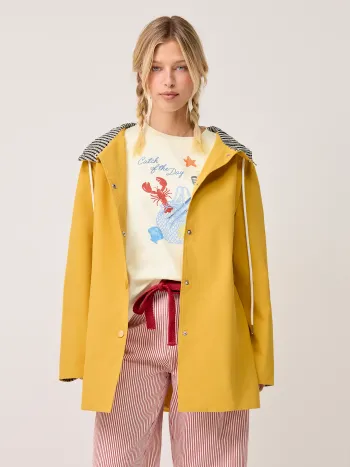 Trench Coat oversize con cappuccio bicolore in misto cotone a righe con coulisse