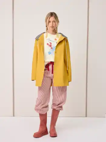 Trench Coat oversize con cappuccio bicolore in misto cotone a righe con coulisse