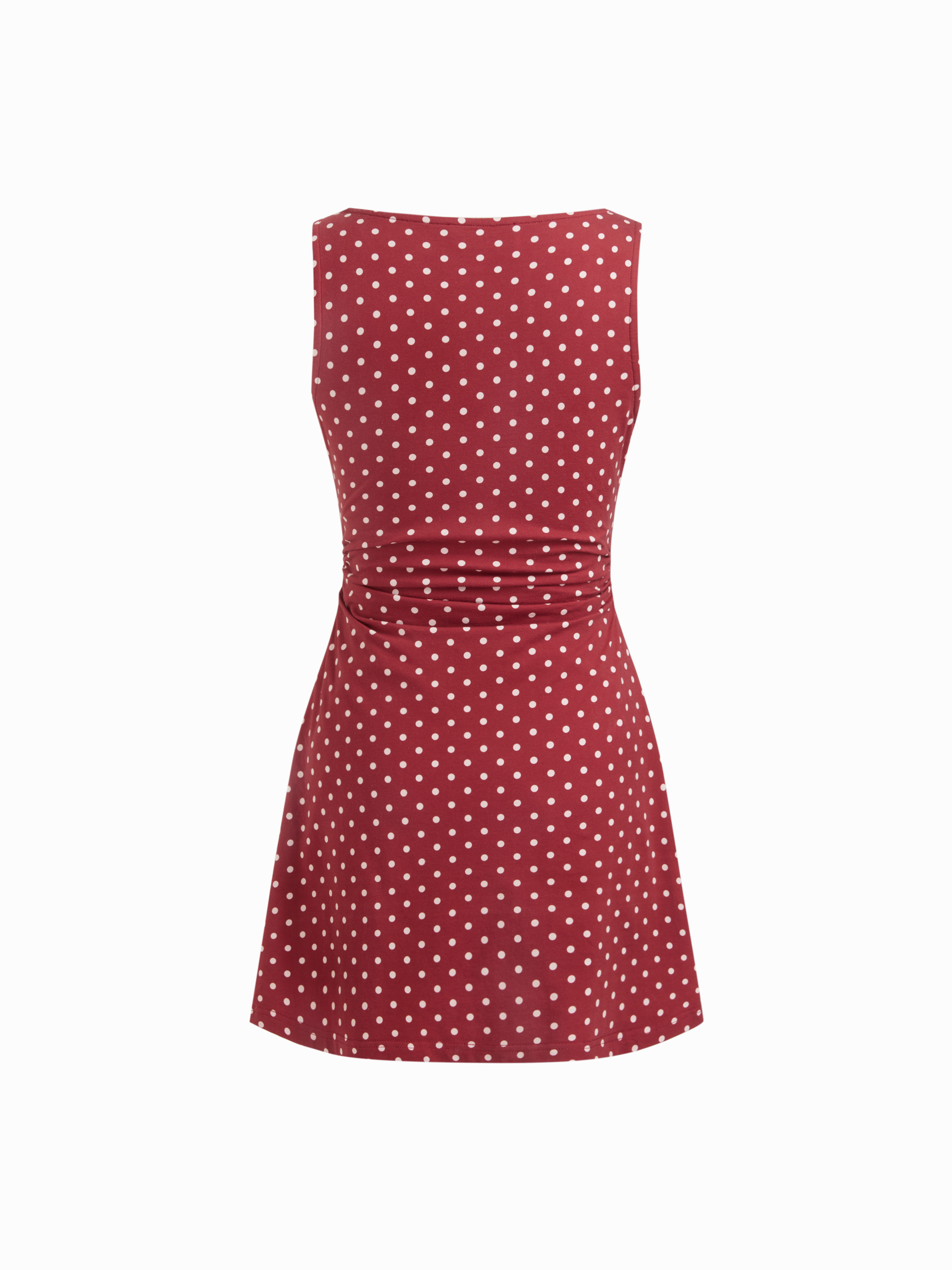 Cotton-blend Boat Neck Polka Dot Ruched Mini Tank Dress