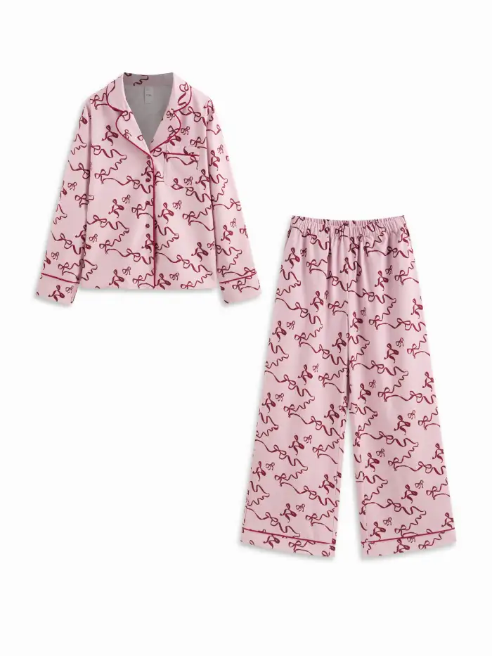 Sweetheart Polka Dot Bowknot Crop Top & Mid Rise Lettuce Trim Trousers Loungewear Set