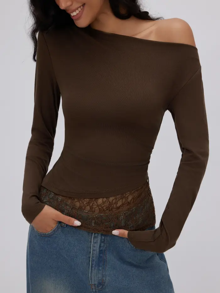 Asymmetrical Neck Long Sleeve Contrasting Lace Ruched Tee