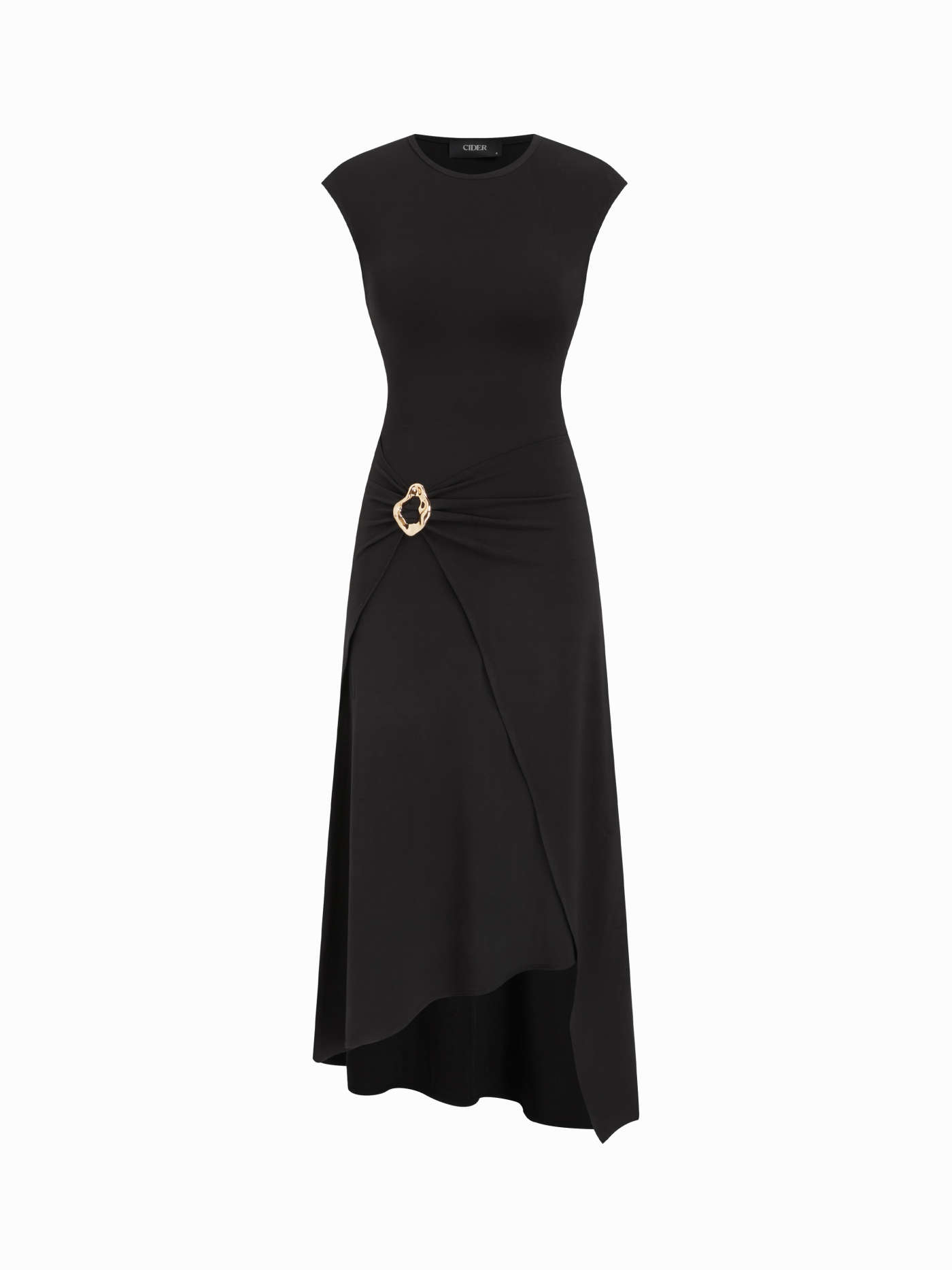 Knit Fabric Round Neckline Metal Detail Ruched Asymmetrical Hem Maxi Dress For Daily Casual