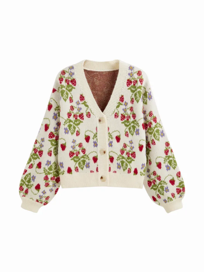 Knit Strawberry Pattern Contrasting Binding Round Neckline Long Sleeve Oversized Top