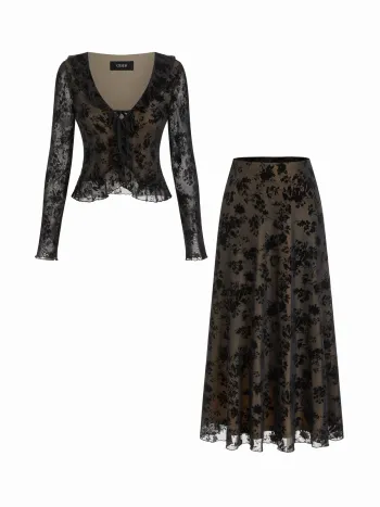 Mesh V-Hals Floral Ruffle Saum Knoten Oberteil & Mittelhöhe Maxi-Skirt Set