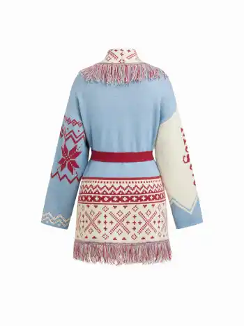 Strickjacke mit Kragenmuster, Farbblock, Tasseln, Übergröße und Gürtel