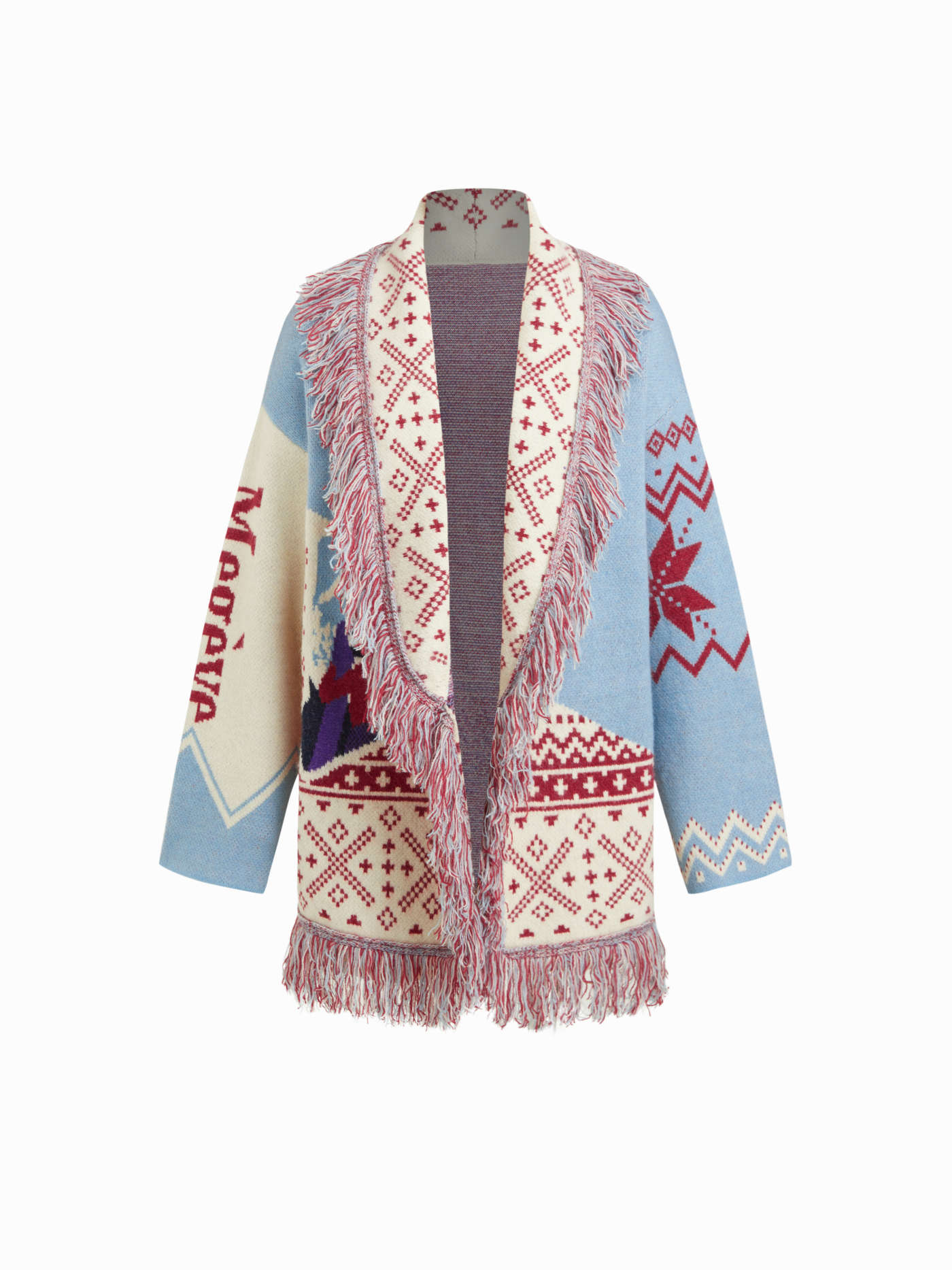 Knit Collar Pattern Colorblock Tassel Oversized Cardigan With Belt