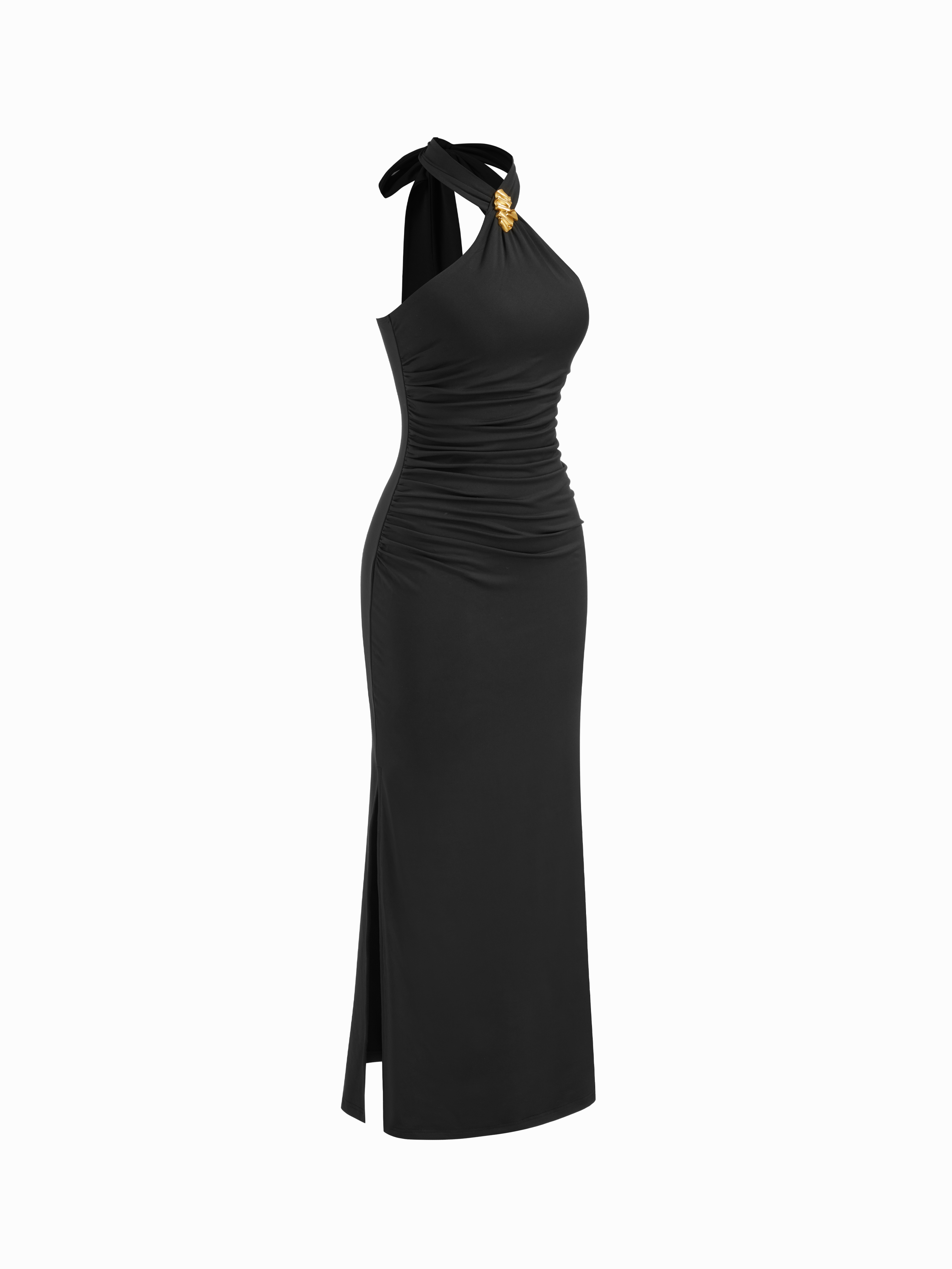 Halter Neckline Solid Metal Detail Ruched Tie Back Maxi Dress