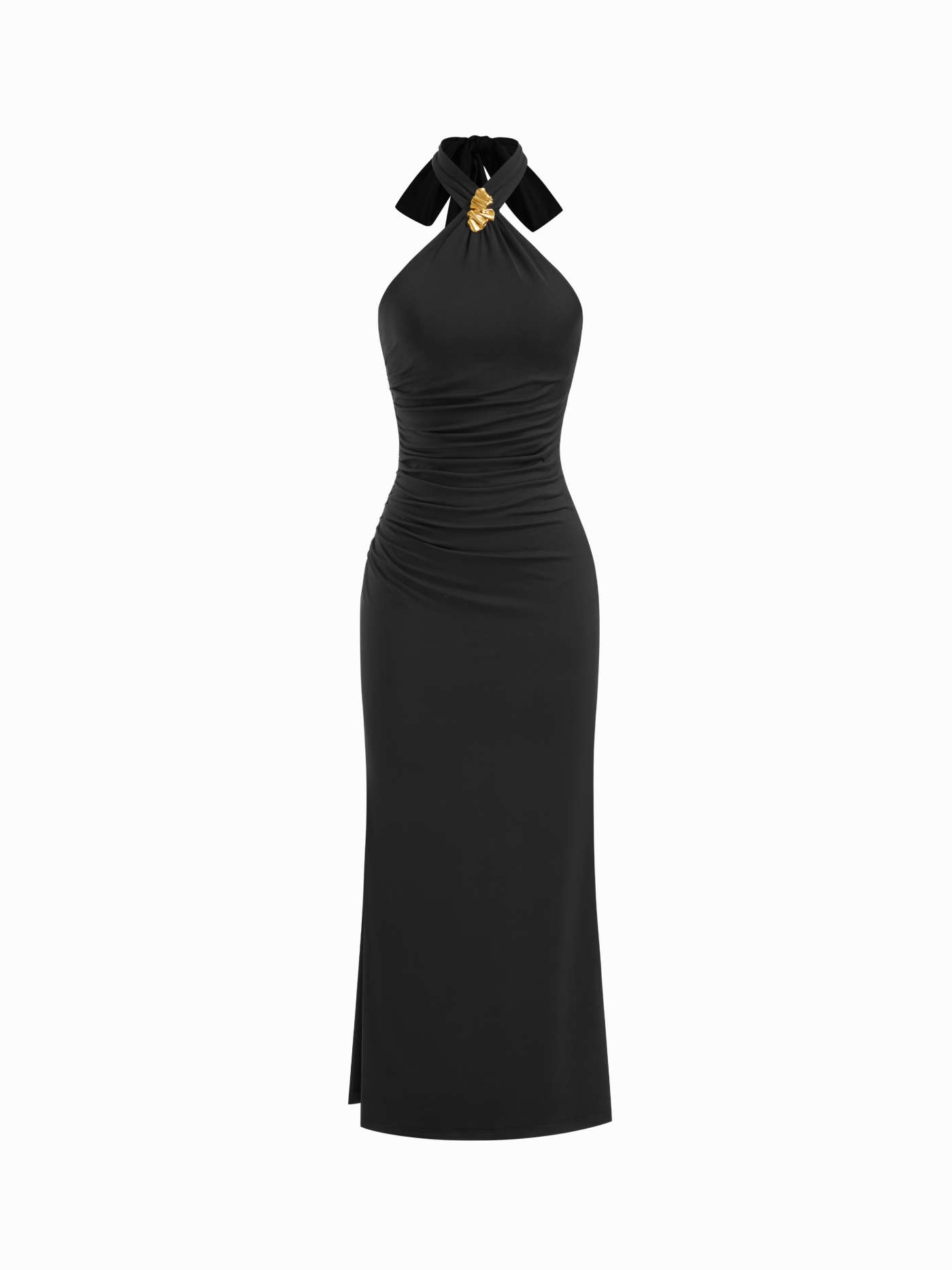 Halter Neckline Solid Metal Detail Ruched Tie Back Maxi Dress