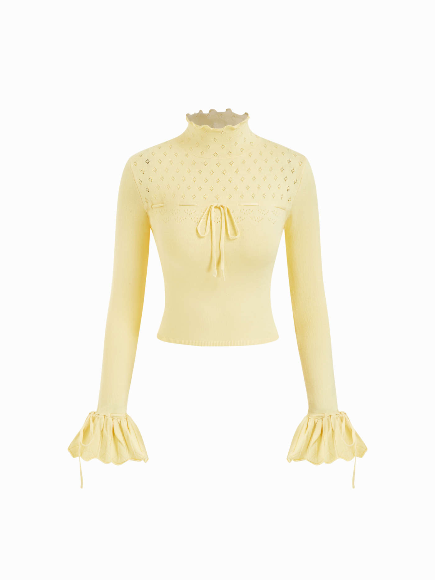 Knit Stand Collar Pointelle Lettuce Trim Drawstring Bell Sleeve Top