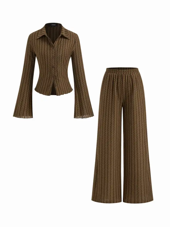 Texture Asymmetrical Neck Ruched Top & Mid Rise Elastic Waist Straight Leg Trousers Set