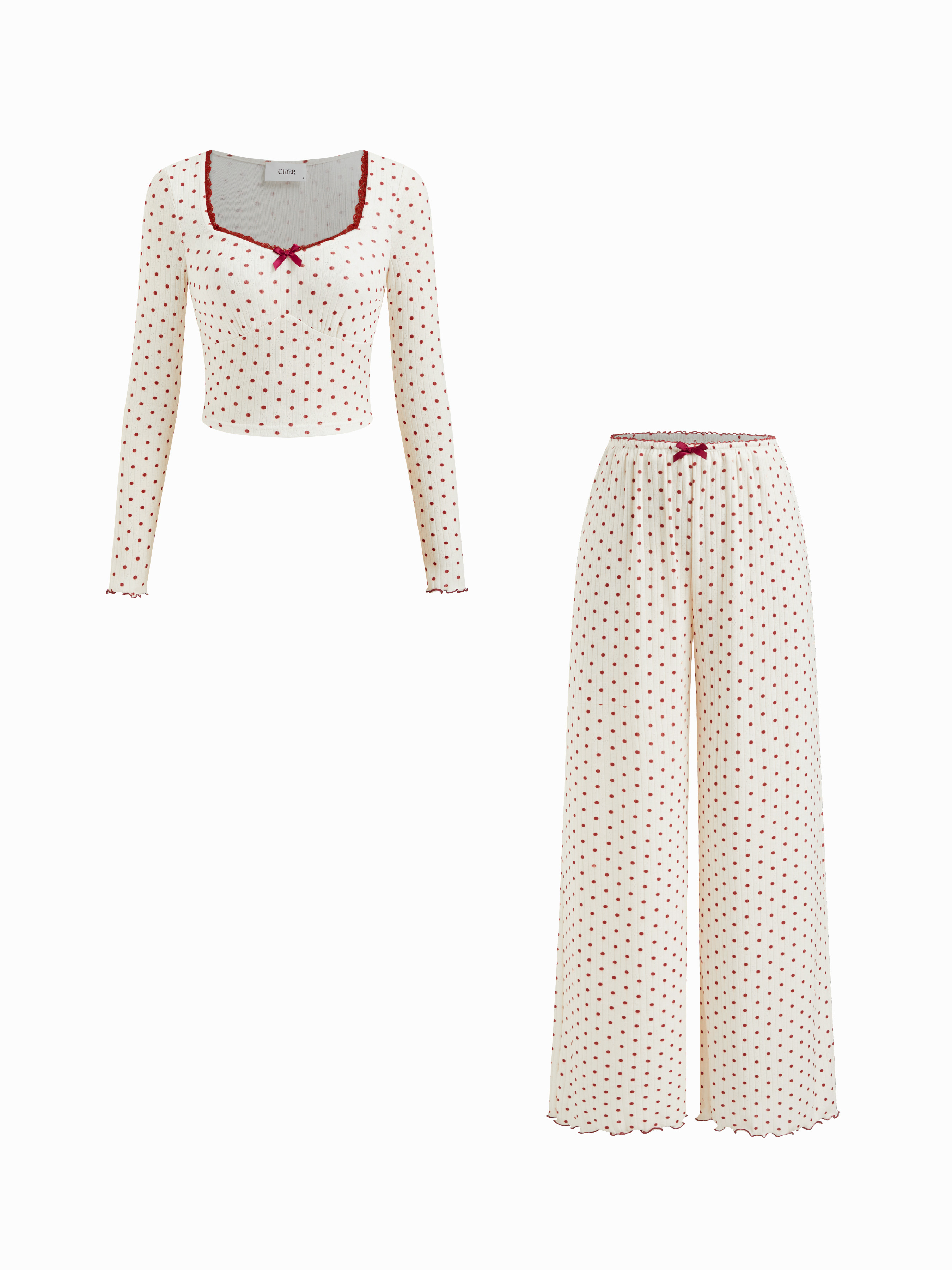 Knit Fabric Sweetheart Polka Dot Bowknot Crop Top & Mid Rise Lettuce Trim Trousers Loungewear Set For Bedroom