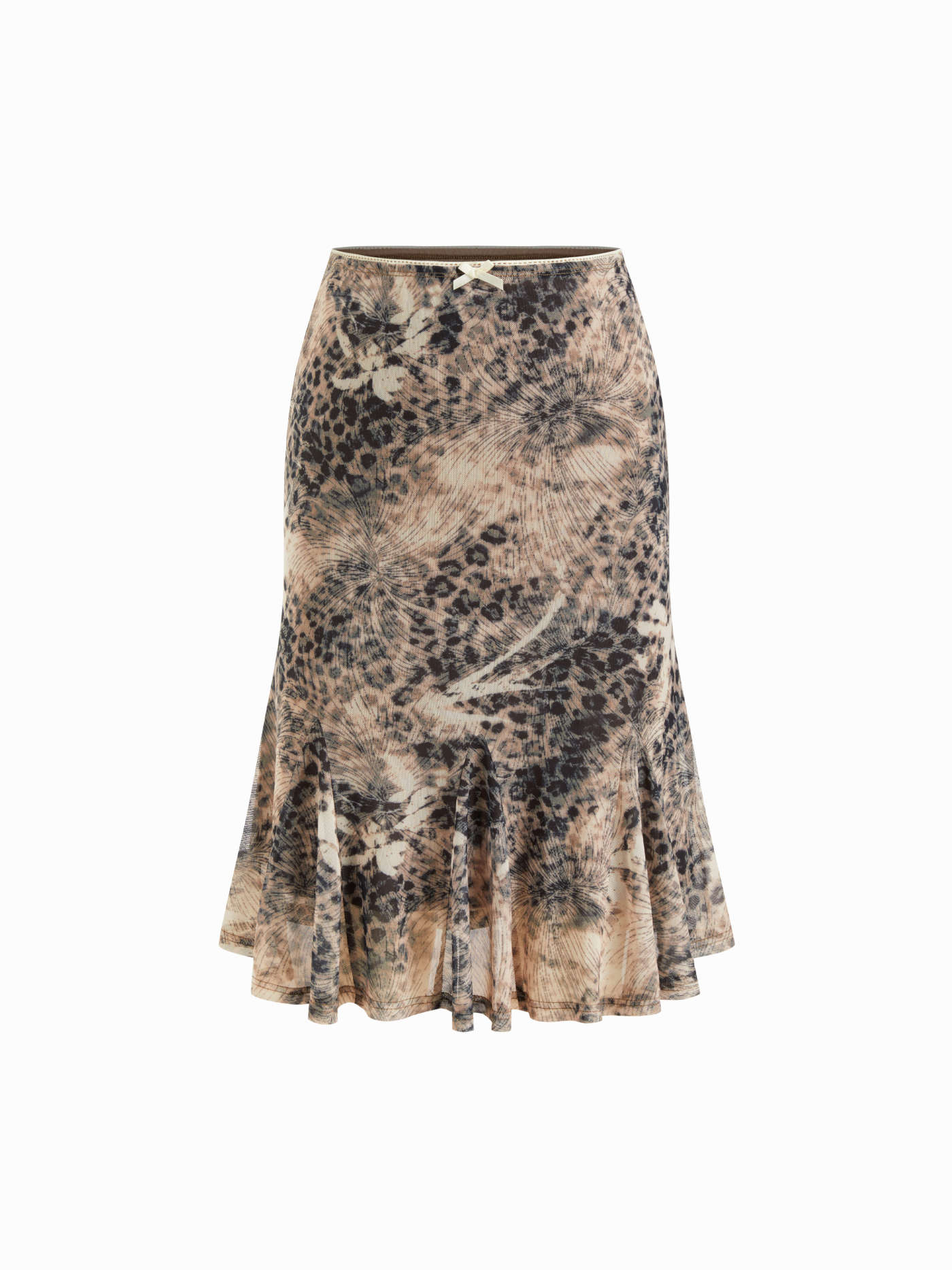 Mesh Mesh Leopard Mid Rise Bowknot Ruffle Hem Midi Skirt For Daily Casual