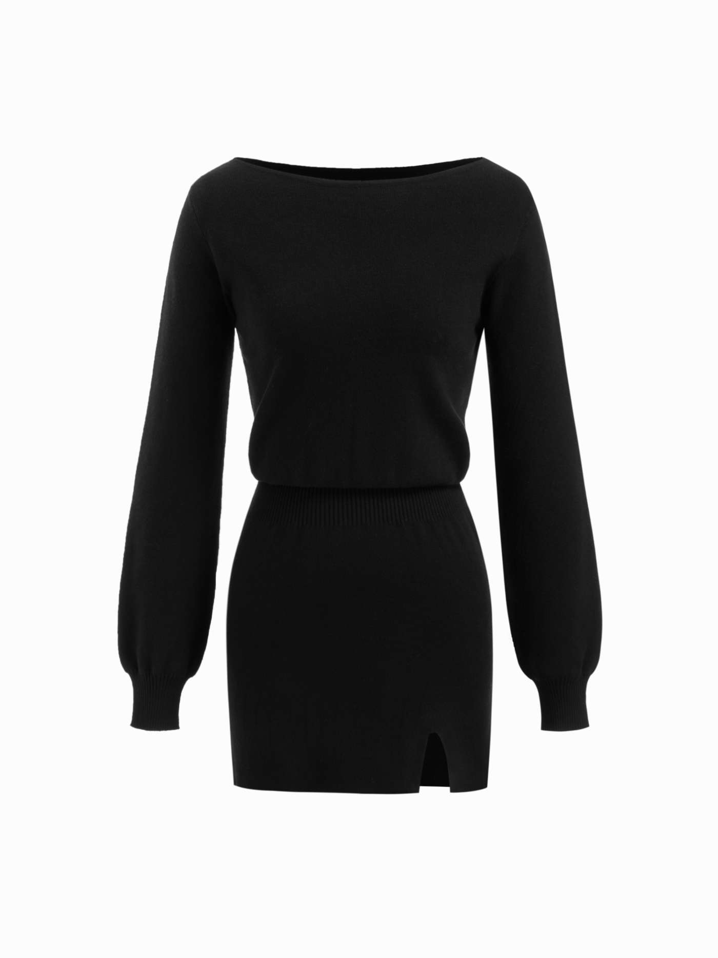 Knit Boat Neck Long Sleeve Split Mini Dress