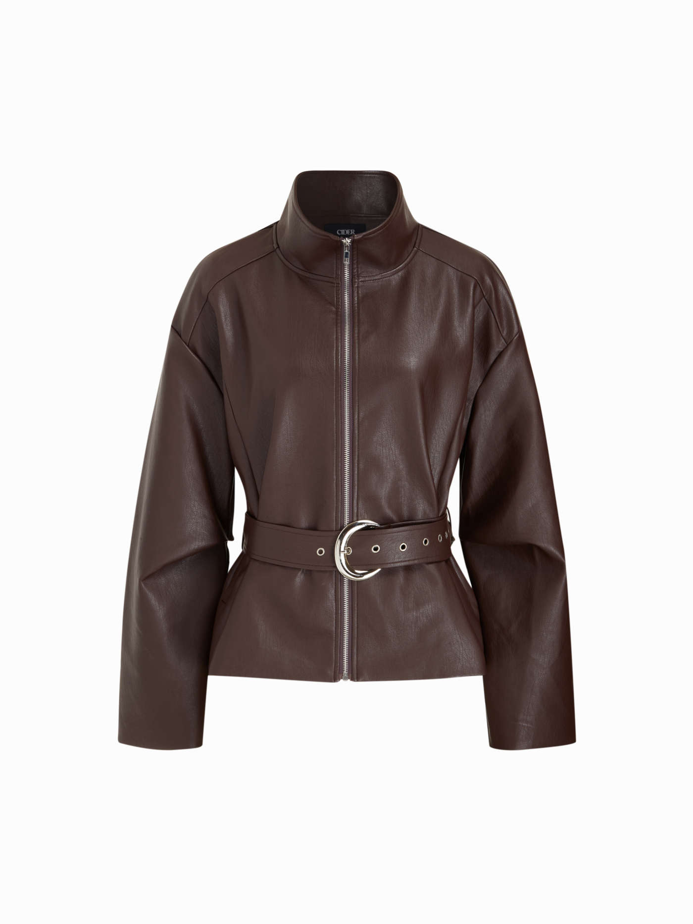 Faux Leather Stand Collar Zip Through Jacket With Belt