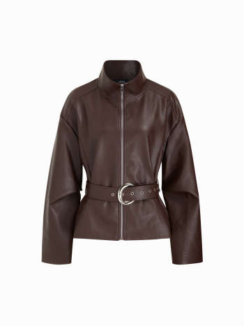 Faux Leather Stand Collar Zip Through Jacket With Belt