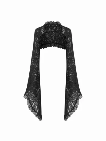 Blusa corta oversize con maniche a campana in pizzo e misto cotone