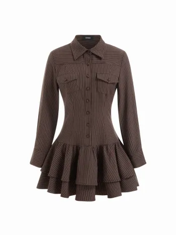 Gestreifter Kragen, Langärmliges Knopf-Lace-Up, Geschichtetes Mini-Kleid