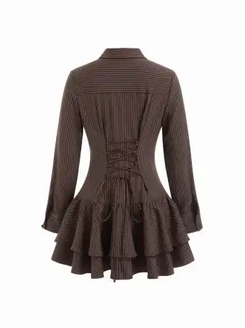Gestreifter Kragen, Langärmliges Knopf-Lace-Up, Geschichtetes Mini-Kleid