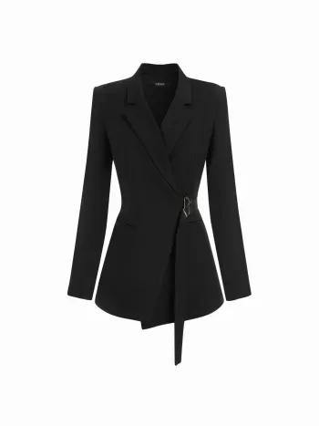 Blazer a maniche lunghe con colletto, cintura solida e dettagli in metallo