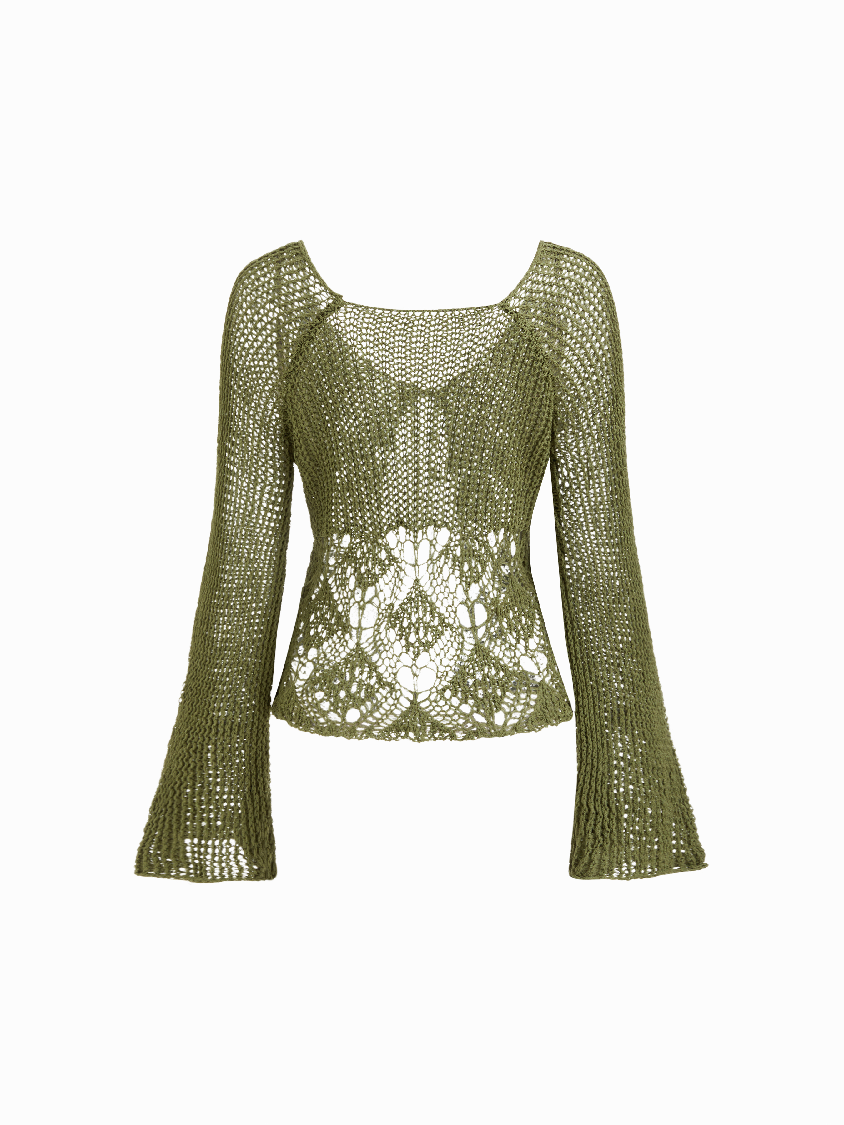 Knit V-neck Bell Sleeve Hollow Out Knotted See-through Top