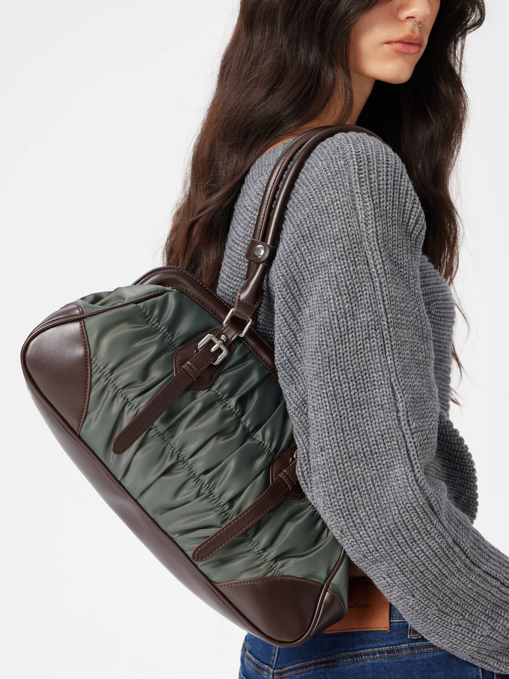 TWO-TONE NYLON & FAUX LEATHER SHOULDER BAG