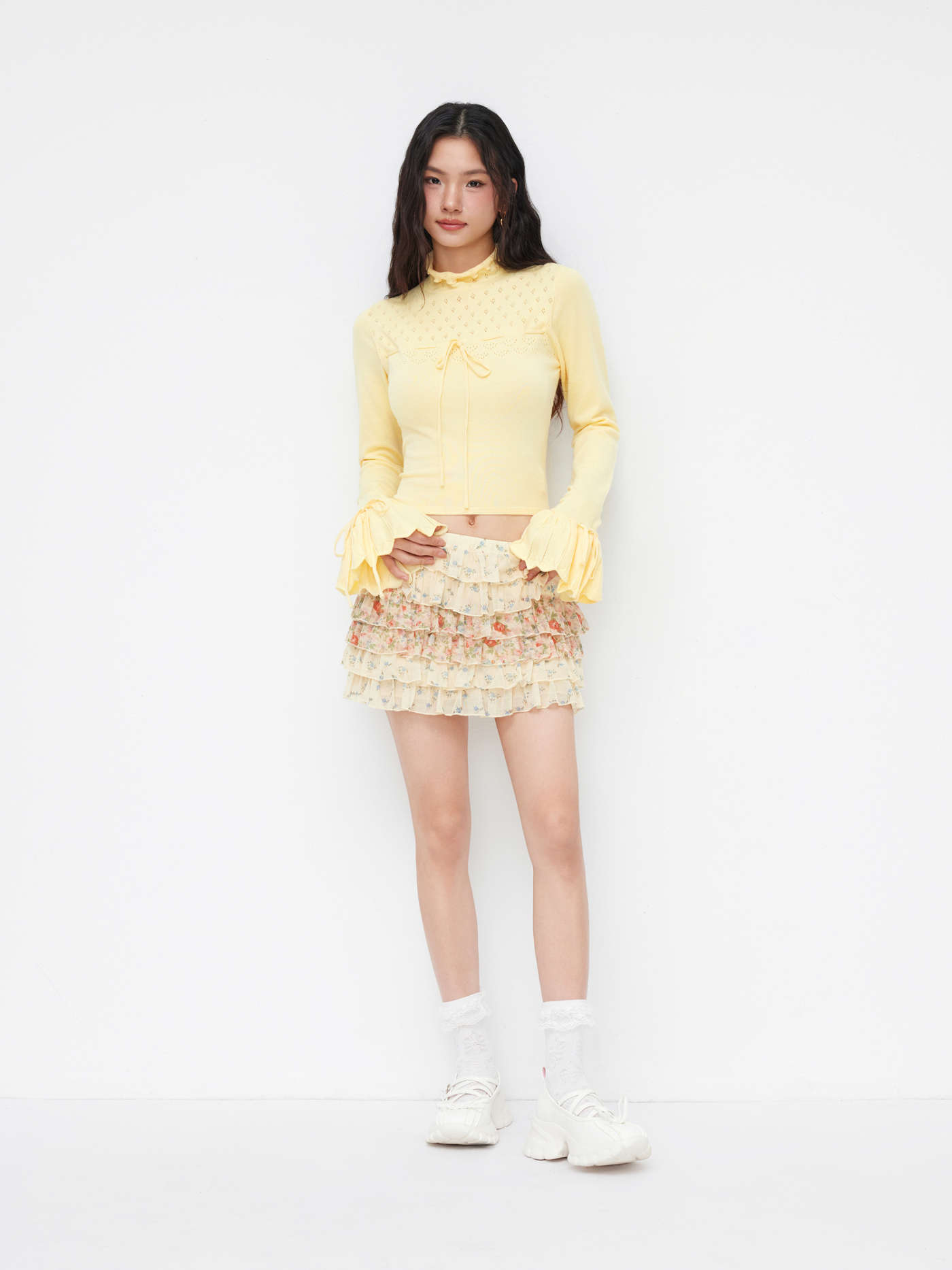 Knit Stand Collar Pointelle Lettuce Trim Drawstring Bell Sleeve Top